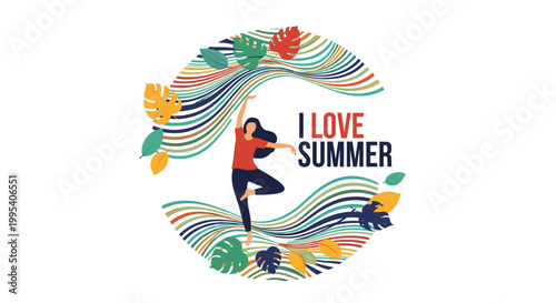 Woman dancing gracefully in the center of a circular design with tropical leaves and the text I love summer.