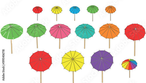 Colorful beach umbrellas vector set with top view parasols summer sun shade accessories flat illustration collection