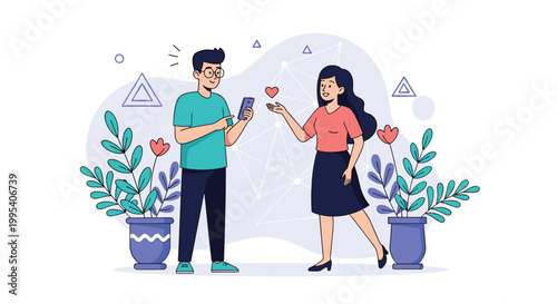 Man and woman standing among potted plants while the man shows something on his smartphone to the smiling woman.