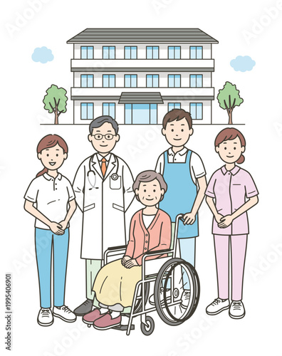 介護施設の前にいる車椅子に座る高齢女性と介護士と医師と看護師
