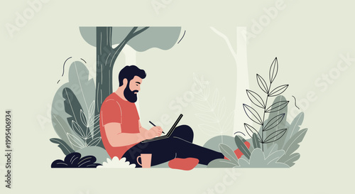 Man sitting on the grass in a peaceful forest setting while working on his laptop and enjoying a cup of hot coffee.