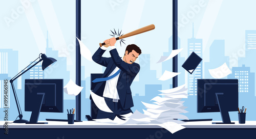 Frustrated businessman in a suit smashing his office desk and equipment with a wooden baseball bat as papers fly around.