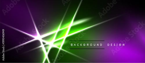 Abstract neon lights create vibrant gradient effect. Purple, green hues dominate dark background. Modern design element.