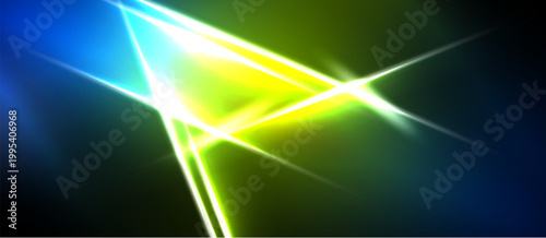 Bright abstract lines intersect. Vivid blue, green, yellow hues dominate dark background. Dynamic energy radiates from central point.