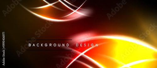 Abstract design features vibrant orange, red glows. Dynamic curves create energy, modern aesthetic. Dark background emphasizes luminosity.