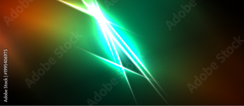 Abstract light streaks radiate from bright center. Green, orange hues dominate dark background. Dynamic energy visible.