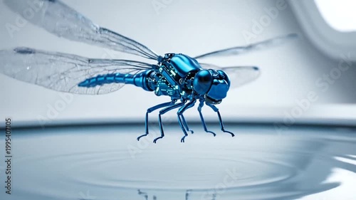 Futuristic blue robotic dragonfly perched on water surface with a sleek, minimalist background