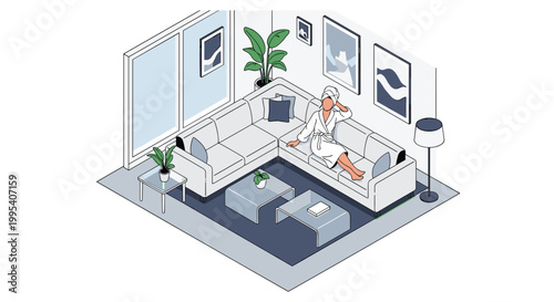 Luxurious isometric apartment interior features a woman in a bathrobe relaxing on a large sectional sofa in a clean minimalist space.