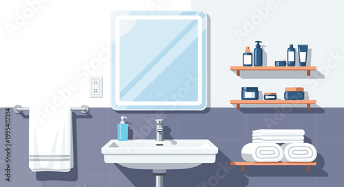 Minimalist bathroom design features clean white sink with light blue mirror and wooden shelves holding skincare products and towels.