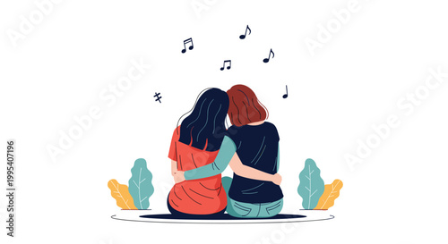 Two close friends sit together outdoors from behind as musical notes float above symbolizing harmony and a shared love for music.