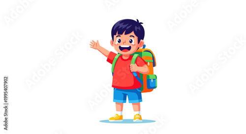 Happy elementary school boy with a colorful backpack enthusiastically waving, radiating joy and readiness for learning and new adventures