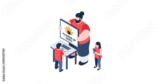 Isometric Illustration of People with Sunflower Sign and Laptop.