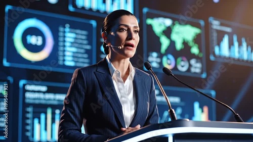 Businesswoman presenting data insights at a conference with digital graphs and charts