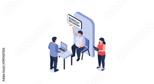 Isometric Illustration of Scam Victim Recovery Process with Professionals.