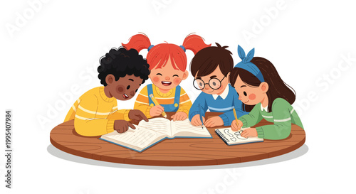 Cheerful and diverse children collaborate on studies, sharing books and fostering teamwork in a positive learning environment, promoting early education and academic growth