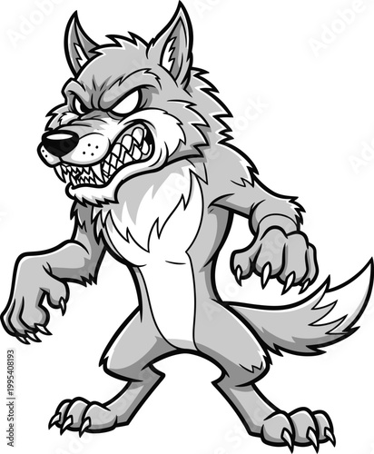 Gray wolf cartoon character with sharp teeth and claws standing aggressively  illustration