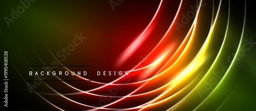 Abstract neon lines create vibrant gradient. Dark background emphasizes glowing curves, forming dynamic visual effect. Modern design element.