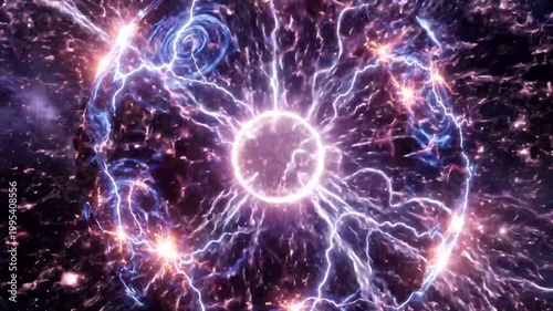 Abstract representation of energy waves radiating from a central point in a cosmic background