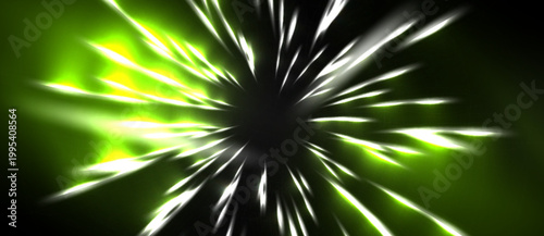 Bright green energy radiates outward. Sharp white lines burst from dark center, creating dynamic visual effect. Intense glow dominates composition.