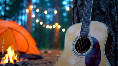 Acoustic guitar resting against a tree near a glowing campfire and orange tent in a forest