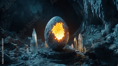 A fantasy creature hatching from an ancient egg resting on a pedestal in a dark cave. 