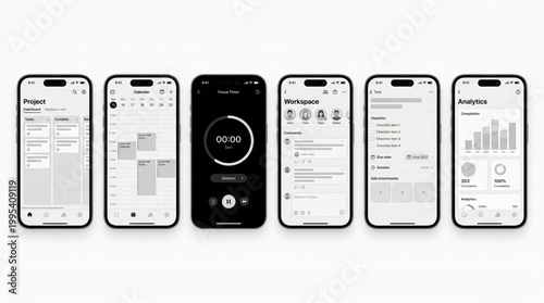 Smartphone mockup set with productivity app UI design, project management dashboard, kanban board, calendar scheduler, focus timer, team workspace, task checklist, and data analytics screen layout.