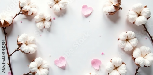 Delicate cotton blossoms arranged on white Flat lay, square composition , soft, floral pattern