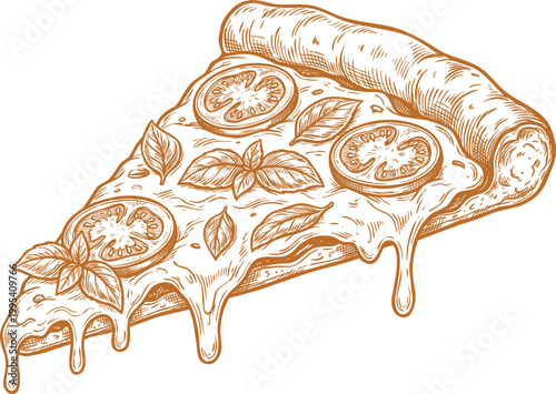 Orange outline illustration of slice of pizza with melted cheese and toppings.
