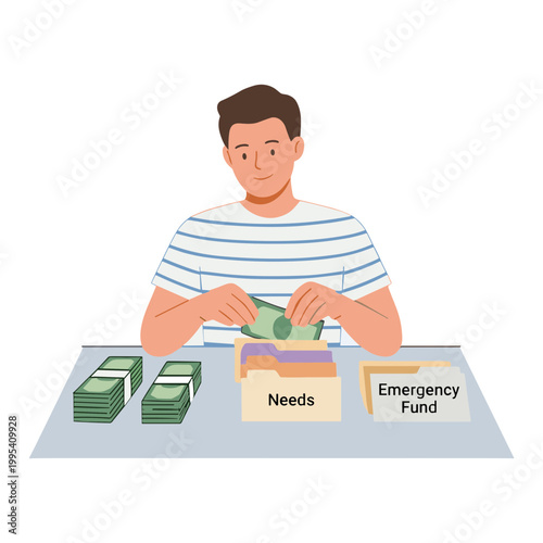 A man is putting money into labeled boxes for needs and emergency fund on a table.
