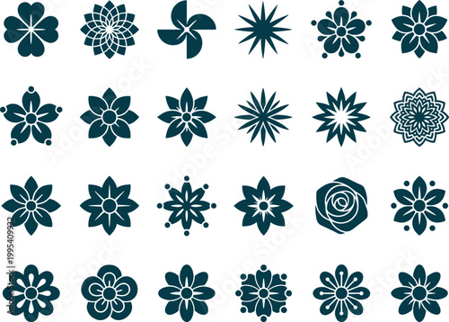 Set of abstract decorative flower mandalas and geometric floral designs.