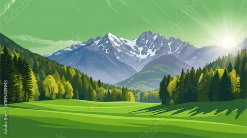 Illustration of Alpine Mountain Scenery with Green Meadows and Morning Sunlight