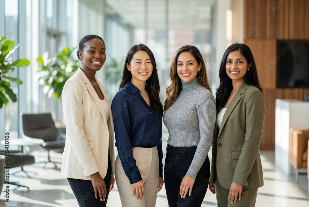 Obraz premium Diverse group of four successful businesswomen standing together in a modern office