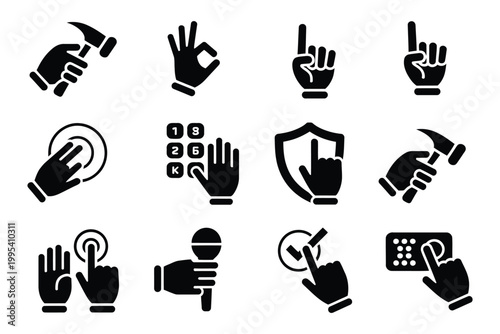 VR button vector gesture icon, hand interaction and teleport navigation menu controls for virtual reality UI and immersive experience design