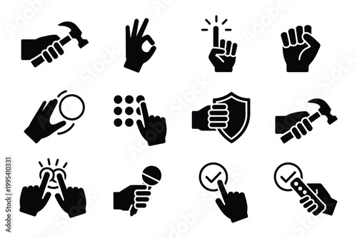 VR button vector gesture icon, hand interaction and teleport navigation menu controls for virtual reality UI and immersive experience design