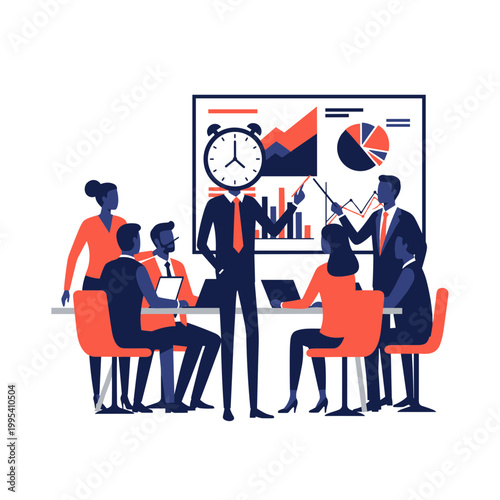 Business presentation with charts and team illustration