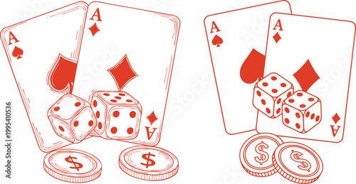 Casino game elements with ace cards dice and coins for gambling entertainment.