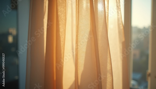 Sheer Peach Curtains Illuminated By Golden Sunlight Creates Soft Ambiance And Warmth Outdoors