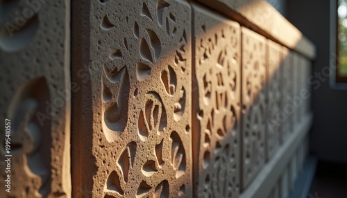 Close Up Of Ornate Stone Carving With Sunlight Shadows And Detailed Patterns In Warm Golden Light