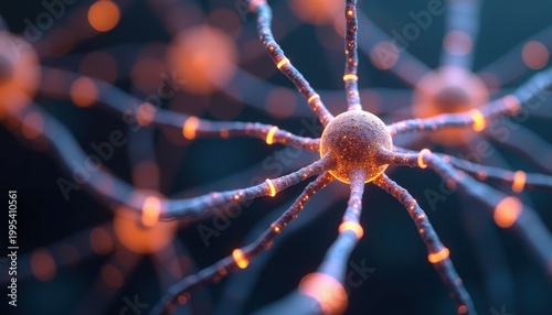 Detailed Microscopic View of Glowing Orange Neurons with Blue Connections Transmitting Signals on a Dark Background