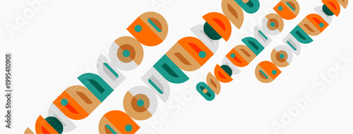Abstract pattern features repeating oval shapes. Colors include orange, teal, brown, beige. Design appears playful, modern.