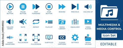 Multimedia player and media control icon set featuring play, pause, stop, skip, volume, equalizer, subtitles, full screen, playlist, and audio wave symbols..