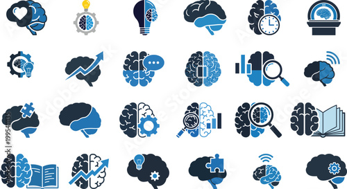 Collection of brain icons representing intelligence creativity learning knowledge research and development concepts.