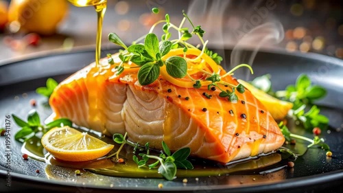 Delicious Grilled Salmon Fillet with Lemon and Fresh Herbs.