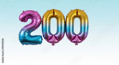 Colorful gradient number 200 foil balloons isolated on white background