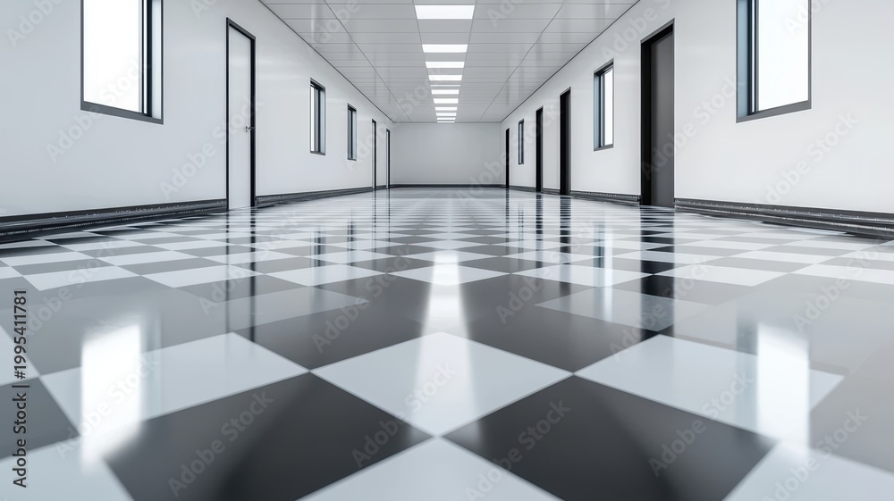 Obraz premium Tiled corridor geometric pattern of black and white tiles creates a striking visual in this long empty corridor