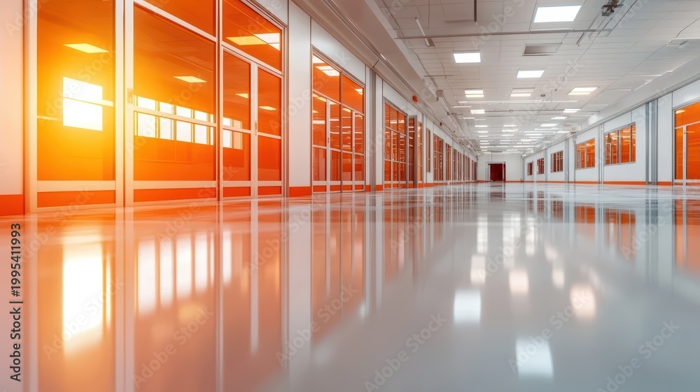 Fototapeta premium Hallway with orange and white walls interior view of a long hallway featuring distinct orange and white colored walls