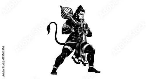 A Hanuman Jayanti silhouette in striking black and white showcases the revered figure holding a mace over his shoulder against a stark white backdrop, rendered in a graphic style