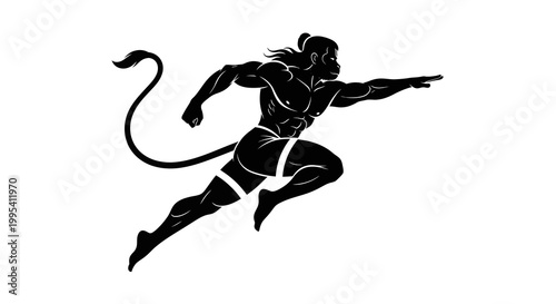 A powerful Hanuman Jayanti silhouette shows the Hindu god leaping forward with detailed musculature, rendered in a stark black and white color scheme against a clean background