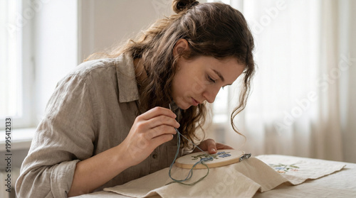 Young woman embroidering a table runner at home with focus  