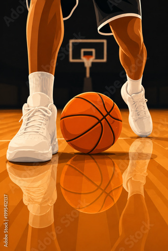 Basketball player feet dribbling orange ball